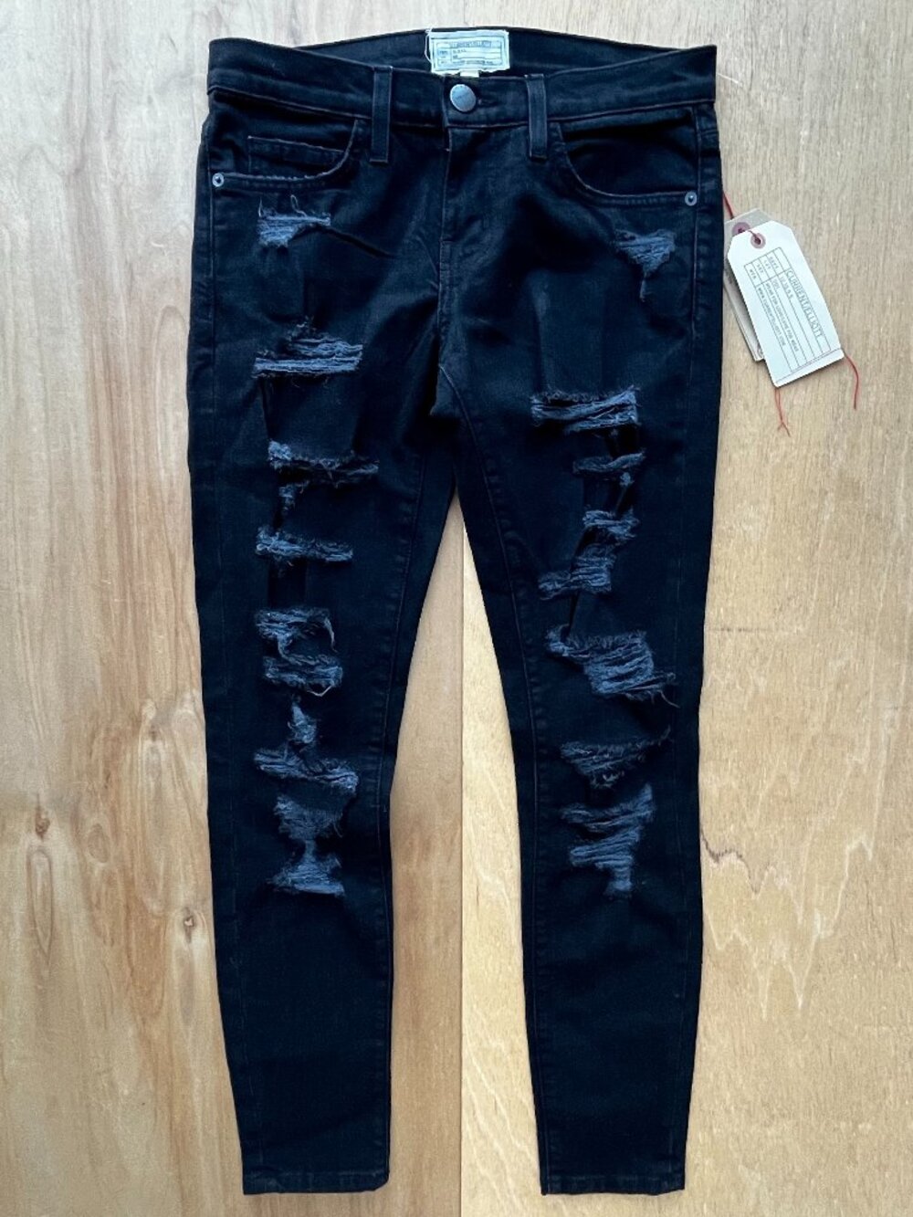 CURRENT ELLIOT THE STILETTO BLACK TATTERED JEANS WOMEN’S sz 26 Low Rise Denim